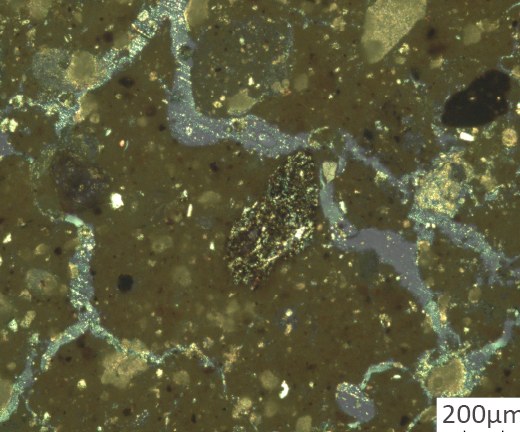 Sediment fired at 800°C, thin section in XPL